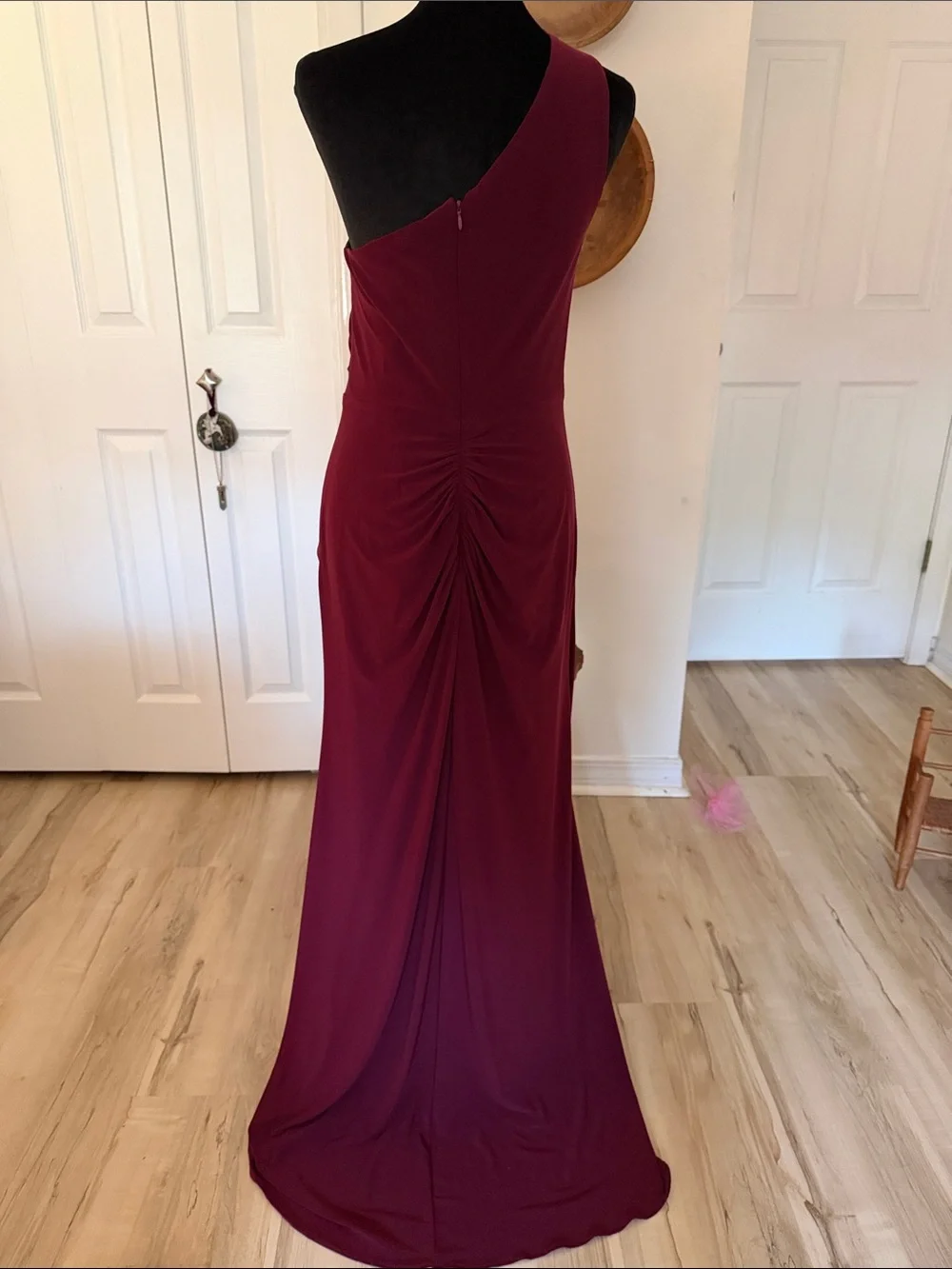 Adrianna Papell One-Shoulder Burgundy Evening Gown with Side Drape - Picture 3 of 3